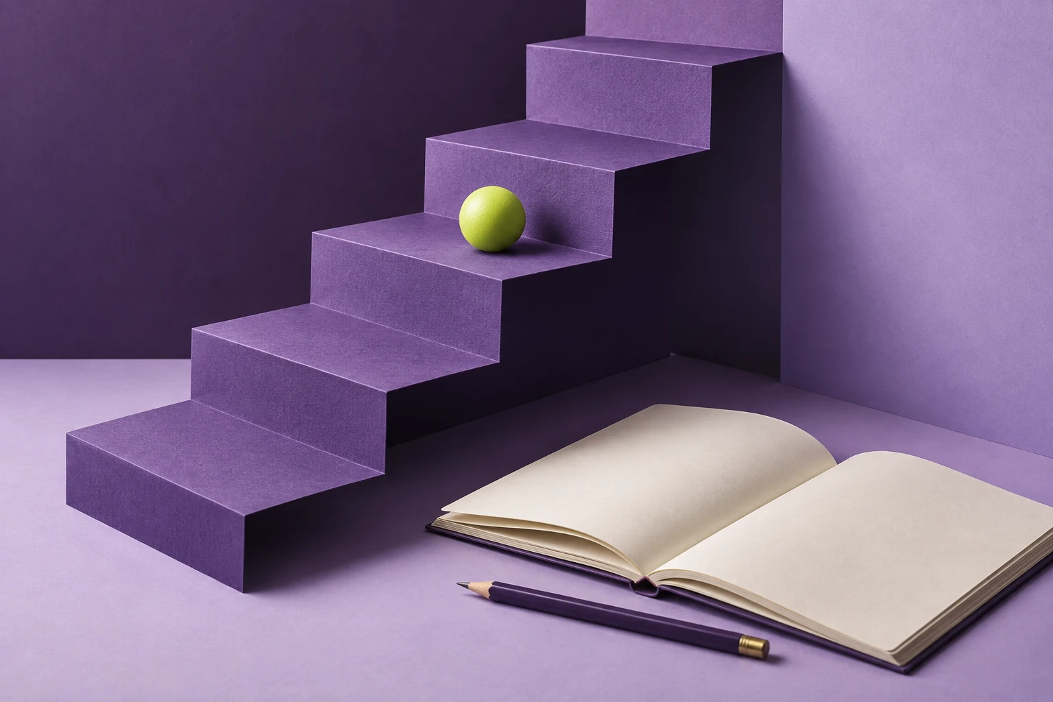Purple study materials and an open business planning workbook